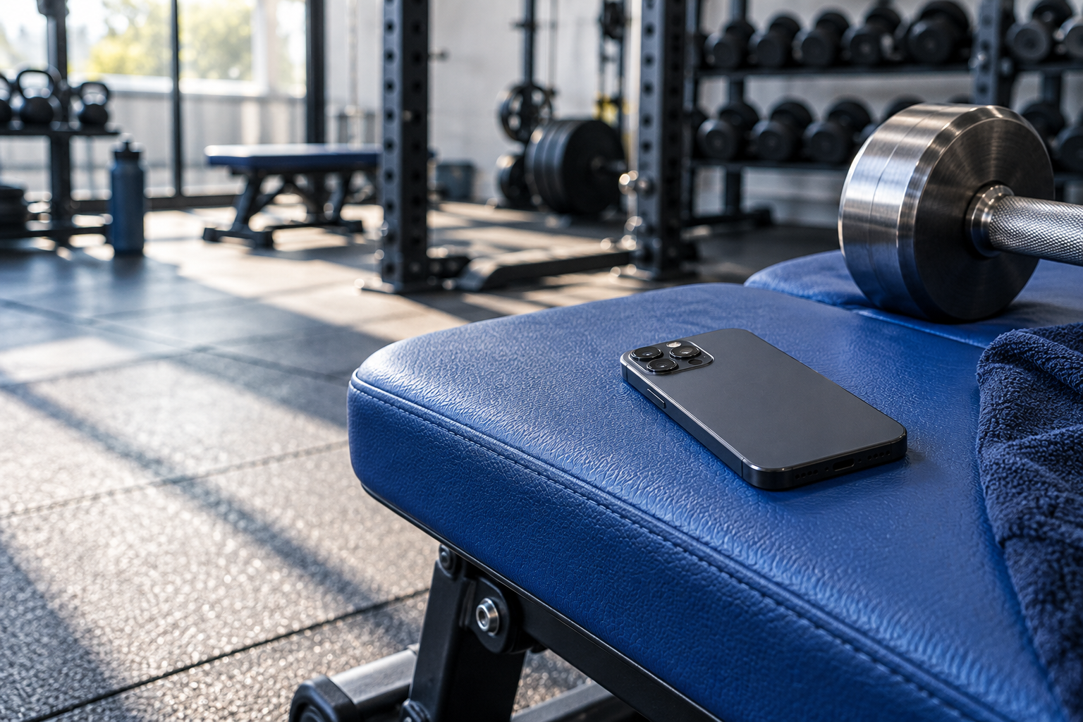 A phone set face-down on a blue gym bench beside a dumbbell