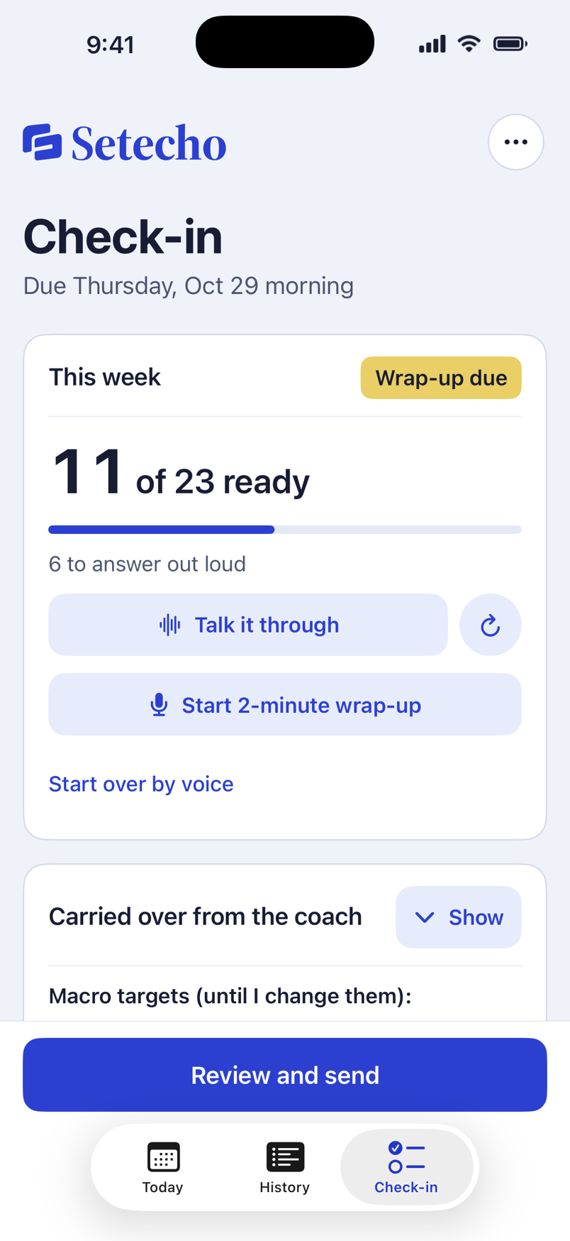 Setecho check-in form with sourced example answers
