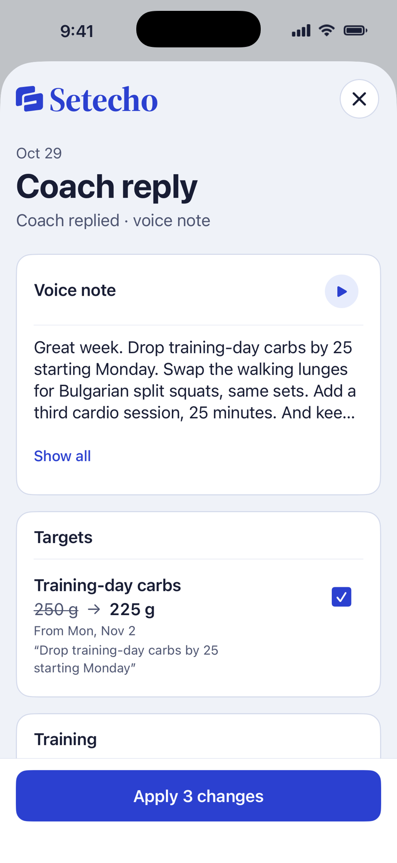 Setecho coach reply review with before and after plan values
